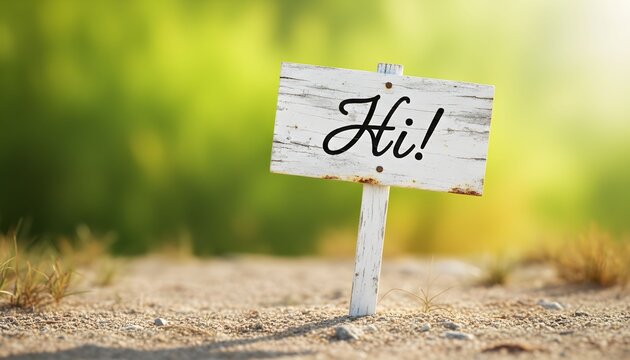 A rustic wooden sign with the word "Hi!" written in elegant script, set against a soft-focus natural background.