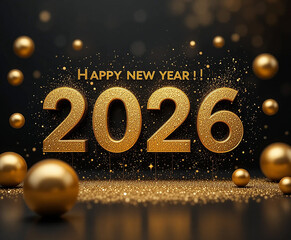 Sparkling golden 2026 happy new year celebration with orbs