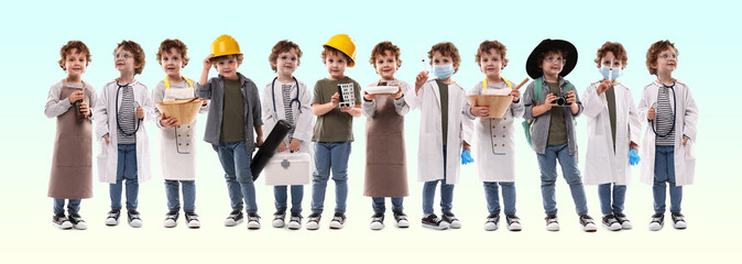 Little kid in different clothes on color gradient background, collage. Choice of profession. Same boy representing various occupations