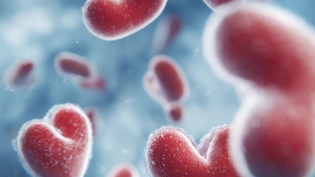 Red heart cell microscopic blood heart valentines cell heart shaped fluffy soft texture macro close up frozen heart cell frosty texture floating