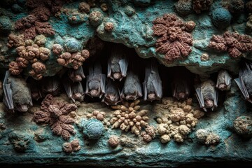 Bats roost in cave, turquoise rock with coral-like growths surround them. Shows nature's weird beauty, great for wildlife, science or Halloween use.