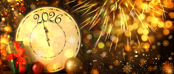 Happy New Year 2026 card with clock, Christmas decor, gift box, bokeh lights and fireworks