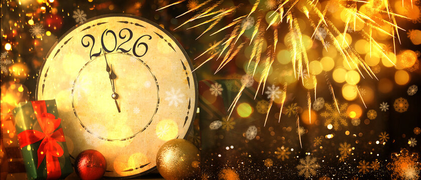 Happy New Year 2026 card with clock, Christmas decor, gift box, bokeh lights and fireworks