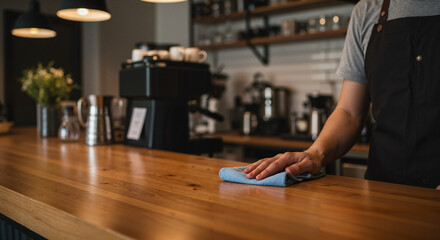 Barista cleaning wooden counter with cloth in modern coffee shop  