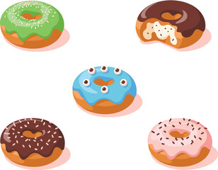 Donut cartoon vector set, heart-shaped holes, colorful frosting, sprinkles, cream filling, flat food illustration, side view, sweet snack