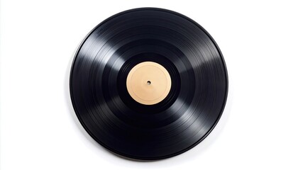 Obraz premium A classic black grooved vinyl record with a blank beige label on white background