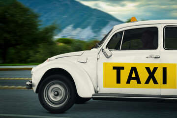 Taxi car with top sign and logo driving on road. Motion blur effect