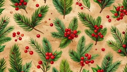 A seamless watercolor pattern featuring lush green pine branches and sprigs of holly with bright red berries.