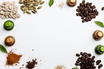 Overhead view of raw coffee beans and organic spices encircling white background with copy space,ideal for food blogging and culinary website visuals.
