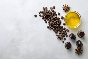 Flat lay composition of aromatic coffee beans and  green brown spices arranged around sides, on clean white background with copy space for text,perfect for beverage packaging and cafe menu design