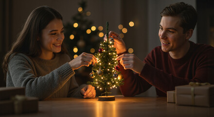 Couple decorating miniature Christmas tree together at home  