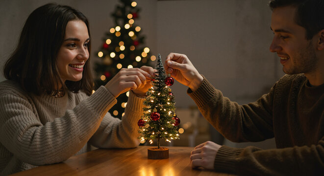Couple decorating mini Christmas tree at home with warm lights   - Powered by Adobe