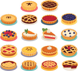 Pie and tart cartoon vector set, assorted dessert icons, fruit toppings, crust styles, cream fillings, flat illustration,
