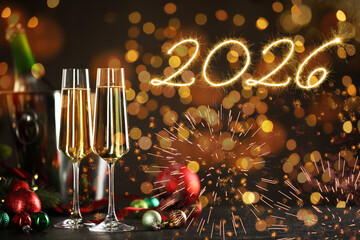 Happy New Year 2026. Glasses of sparkling wine, Christmas decorations, bokeh lights and fireworks on card