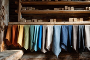 Colorful fabric swatches hang in a rustic wooden room with raw lumber shelving. Use to display craft materials, texture, and interior design concepts.