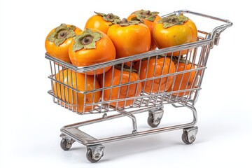 Shiny orange persimmons fill a miniature silver shopping cart. Use it to illustrate healthy eating and seasonal fruit concepts.