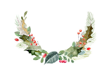 Watercolor Vector Christmas Wreath with Green Holly Leaves and Red Berries for Holiday Cards, Invitations and Festive Seasonal Designs