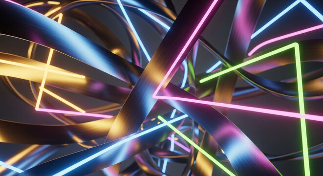 Stunning abstract art with flowing metal ribbons and vibrant neon geometric shapes, a modern dynamic background for creative projects and tech visuals