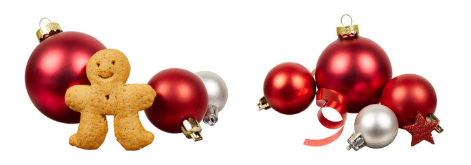 set of red christmas balls with gingerbread man decoration isolated on white or transparent png