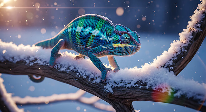 Vibrant chameleon climbing snowy branch outdoors - Powered by Adobe