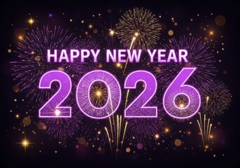 Happy new year 2026 celebration with purple and gold fireworks