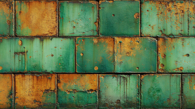 Weathered tiles forming a textured wall, with a striking display of colors and patterns. The surface shows signs of age and exposure, creating a unique visual narrative