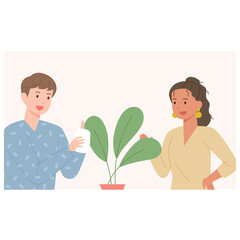Man Watering a Potted Plant With Woman Watching in a Light Colored Room Casual Outfits Simple Illustration Style Neutral Background