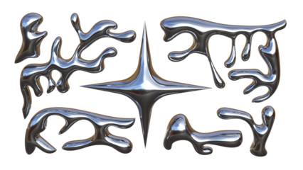 3D Chrome Metal Liquid Fluid Mercury Silver Glossy Reflective Metallic Organic Shape Star Abstract Brutalist Futuristic Design – Polished Molten Blob Art Icon Set