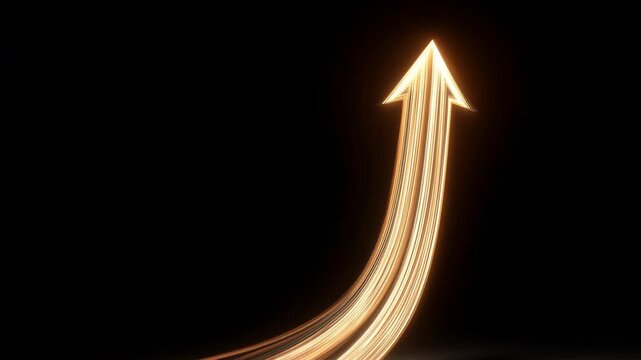 Golden light arrow curving upward with glowing streaks and motion trail conveying growth, energy, glow and optimistic curve dynamic abstract