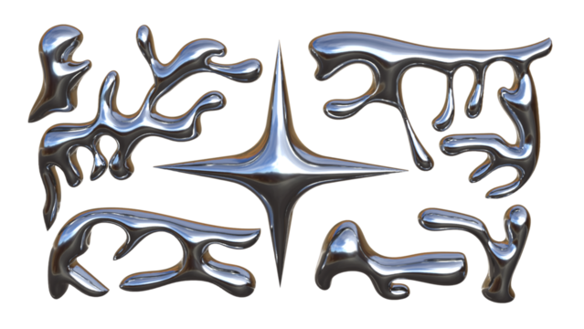 3D Chrome Metal Liquid Fluid Mercury Silver Glossy Reflective Metallic Organic Shape Star Abstract Brutalist Futuristic Design – Polished Molten Blob Art Icon Set