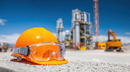 Safety Gear on Construction Site with Bright Orange Hard Hat and Protective Goggles in Focus Against Industrial Background