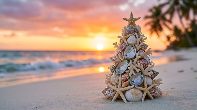 Small seashell christmas tree on the beach with copy space