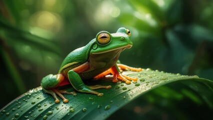Naklejka premium Vibrant green frog with orange accents sits on a leaf, surrounded by lush green foliage