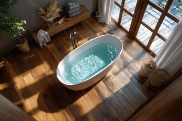 Aerial view of a bright bathroom, complete with a bathtub and a window. Use this to showcase luxury, relaxation, or home design concepts.