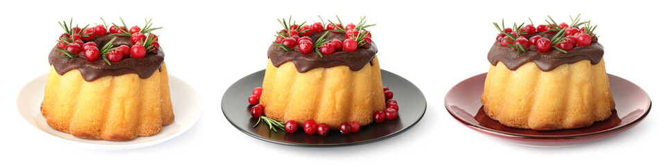 Christmas cakes decorated with cranberries and rosemary isolated on white, set