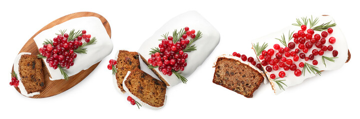 Christmas cakes decorated with cranberries and rosemary isolated on white, set. Top view