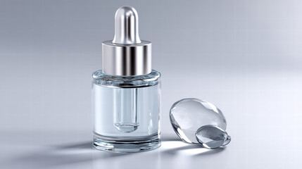 Water purity symbol for skincare branding with clear glass dropper bottle and crystal stones on gray background