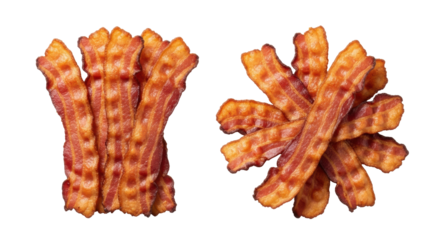 Crispy golden-brown bacon strips with glistening fat and charred edges on a transparent minimalist background. Premium appetizing food concept.