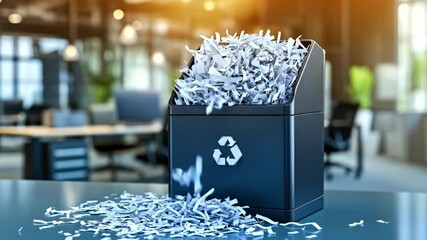 Overflowing shredded paper in recycling bin in modern office setting - Powered by Adobe