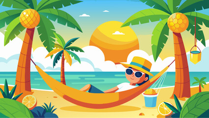 Young person relaxing in a hammock on a tropical beach at sunset with palm trees, ocean view, and summer drink
