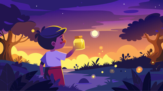 Little boy holding a jar of fireflies in a magical forest at sunset with glowing lights and dreamy sky