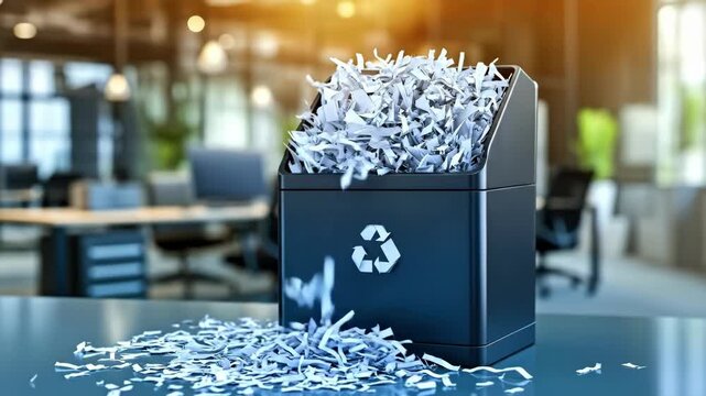 Overflowing shredded paper in recycling bin in modern office setting