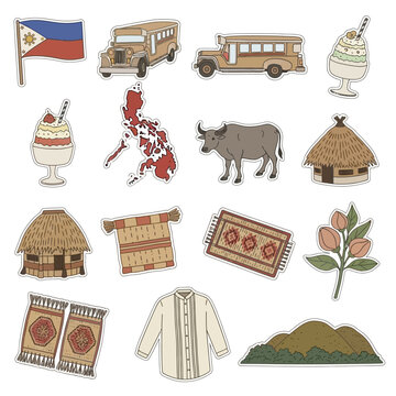 Captivating Assortment of Traditional Filipino Cultural Icons, Hand-Drawn Stickers Representing Heritage and Travel Experiences