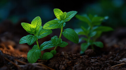 Wild mint plant in natural soil with soft light creating fresh and vibrant green atmosphere in nature
