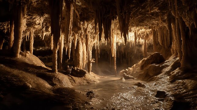 Mysterious cave interior with stalactites and stalagmites illuminated by soft light creating a sense of wonder and exploration