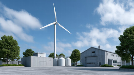 Wind turbine stands tall to power hydrogen plant with clean energy under blue sky and green trees
