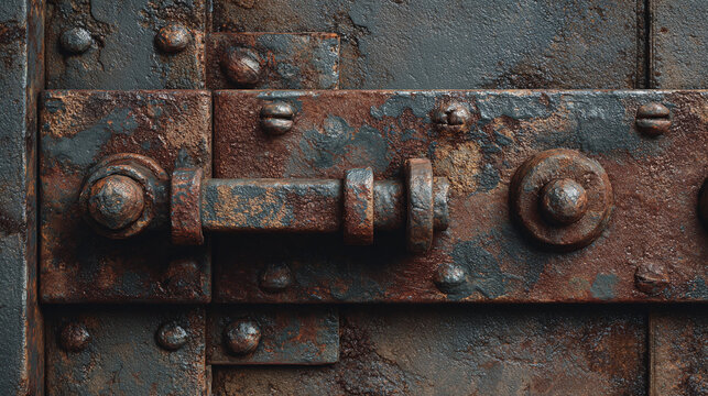 An aged, rusted bolt secured on a metal surface, showcasing the effects of time and weathering