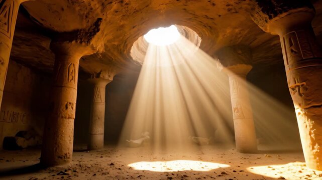 Merkaba and ancient esoteric sacred symbols carved on stone pillars in an ancient cave