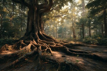 Ancient tree with massive exposed roots dominating a sun-dappled forest floor, surrounded by lush greenery and towering trunks.