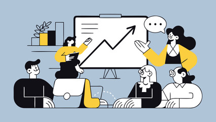 Dynamic composition of a business team collaborating on a project showcasing teamwork and professional interaction with diverse elements and vibrant colors